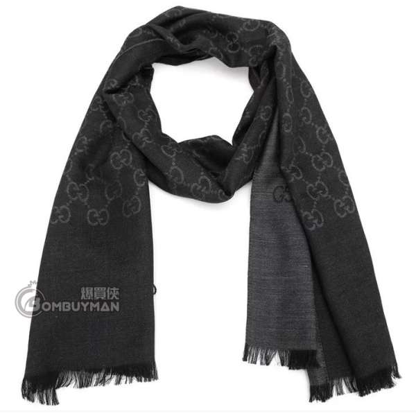 Gucci GG Logo 碳灰色羊毛蠶絲圍巾頸巾165904-3G646-1100